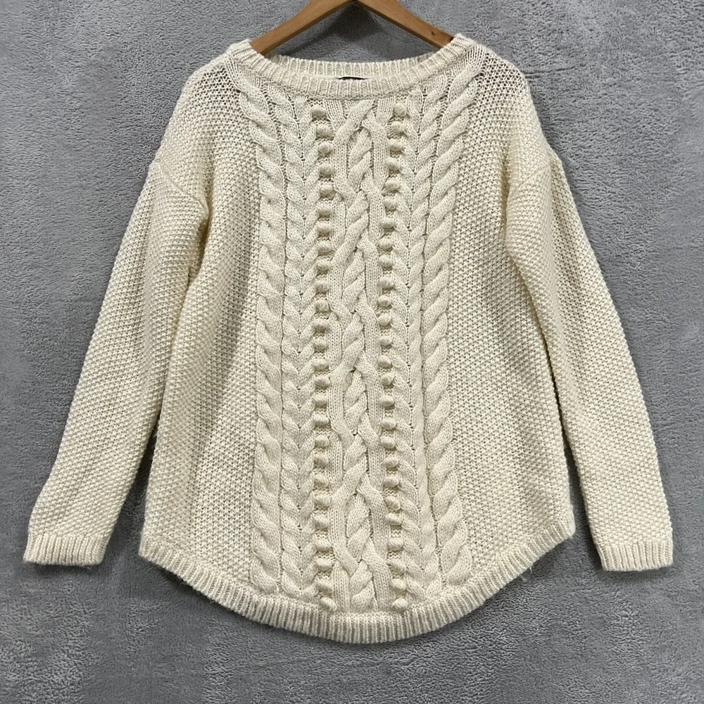 J Crew Sweater Womens Medium Cable Knit Ivory Wool Knit Fishermens‎ Pullover